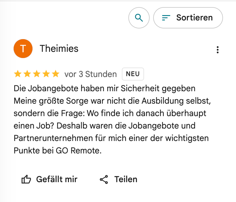 Google Bewertung mit 5 Sternen von Theimies: "Die Jobangebote haben mir Sicherheit gegeben."