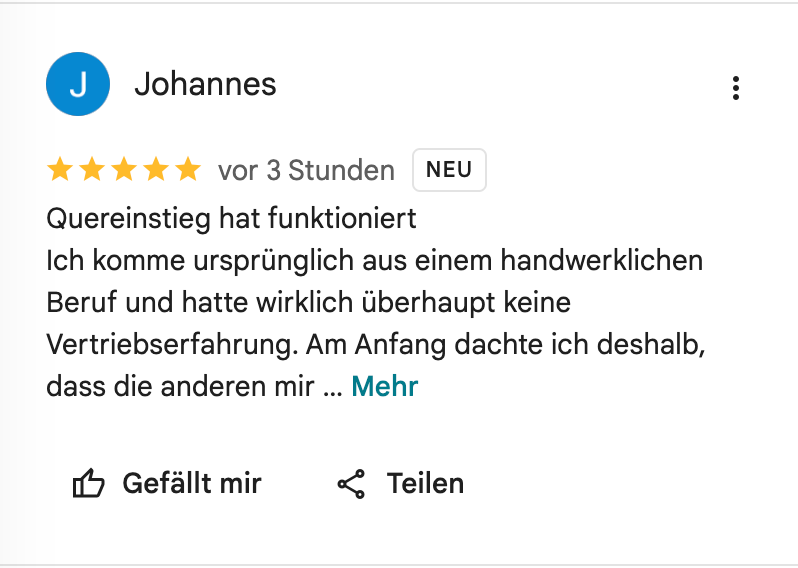 Google Bewertung mit 5 Sternen von Johannes zum Quereinstieg bei GoRemote.